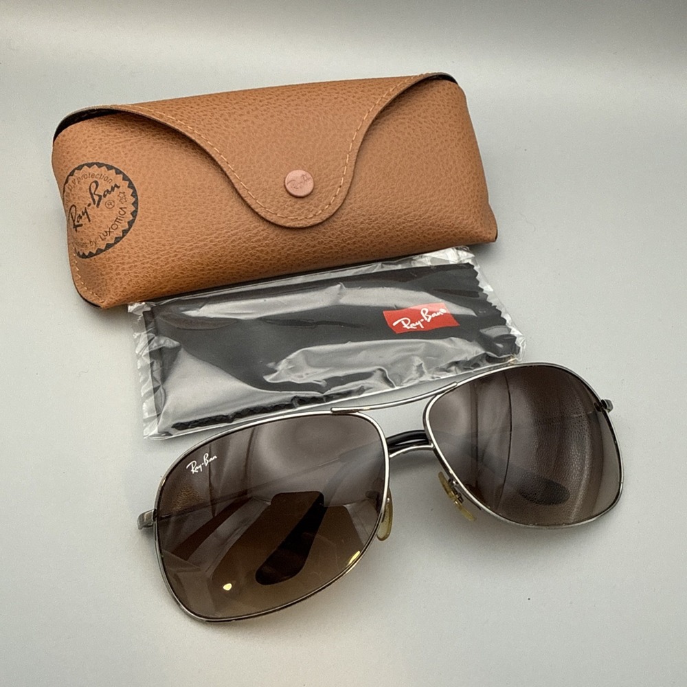 Ray-Ban RB3267 Silver Aviator Sunglasses Brown Polarized Lens 64mm Case & Cloth